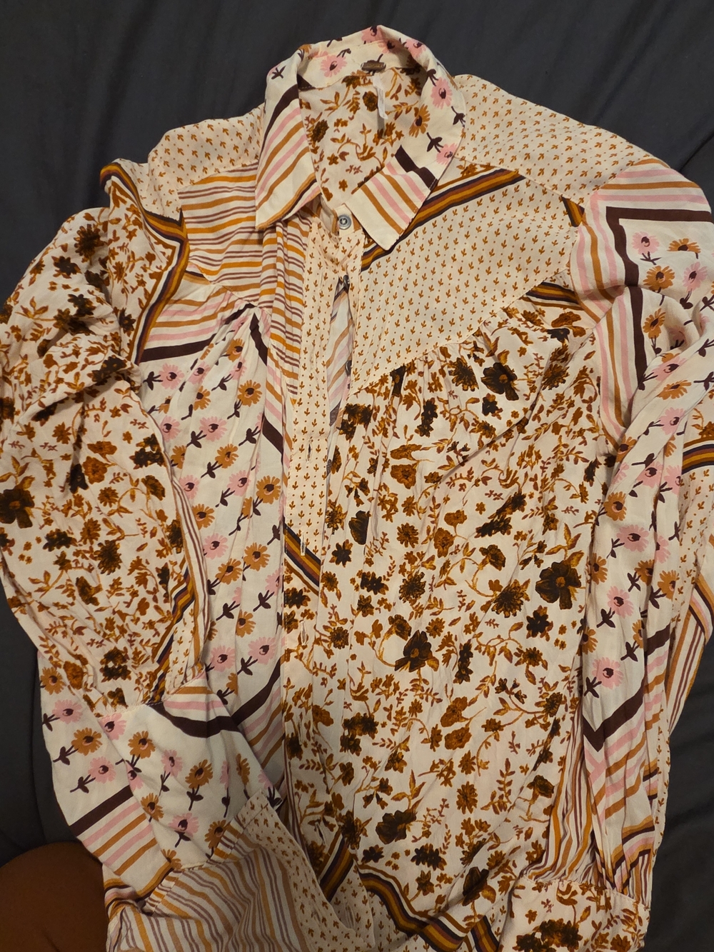 Free People Cream Multi-Pattern Floral & Stripe Button-Up Shirt